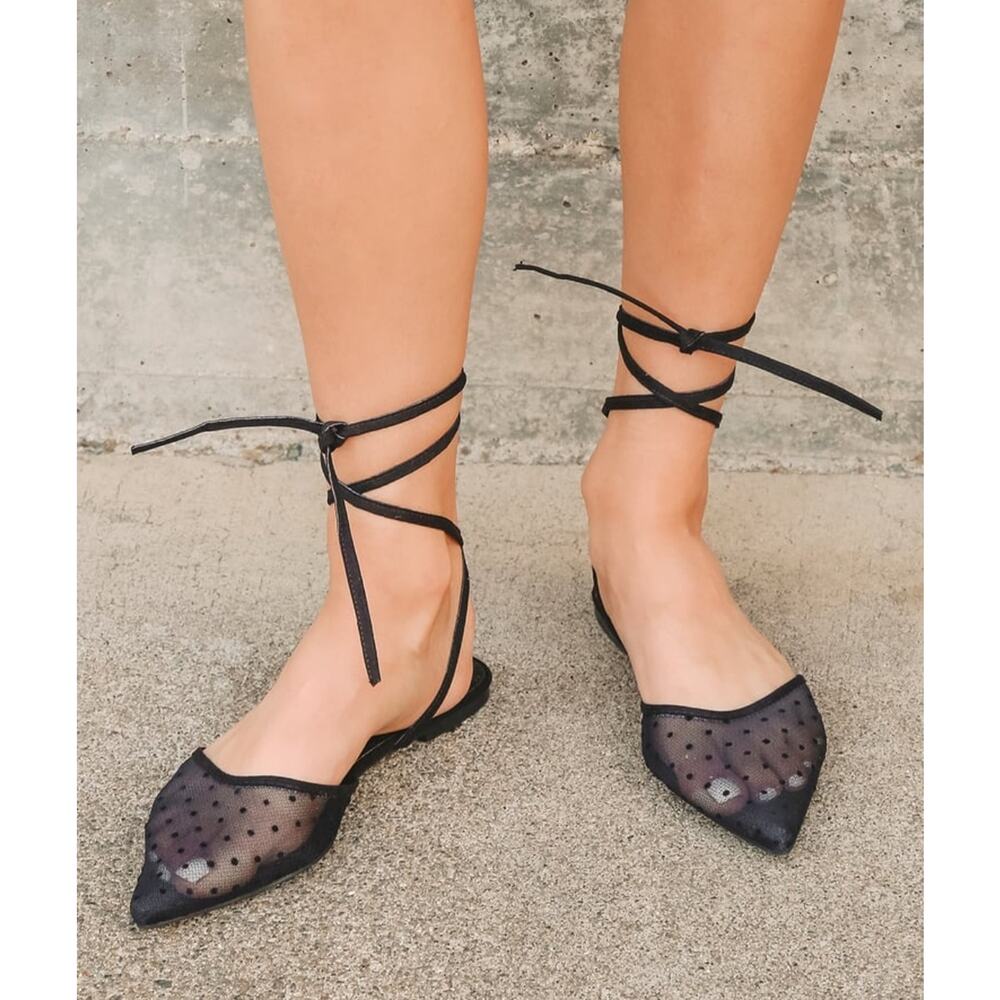 Lulus Sophiie Lace Up Flats‎ Black Womens Size 7.5 New